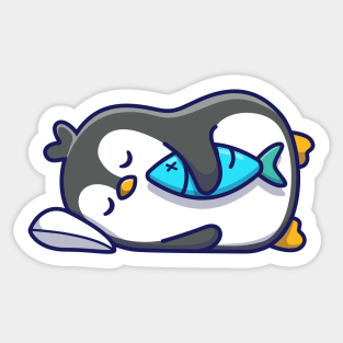 Cute penguin sleeping with fish Sticker